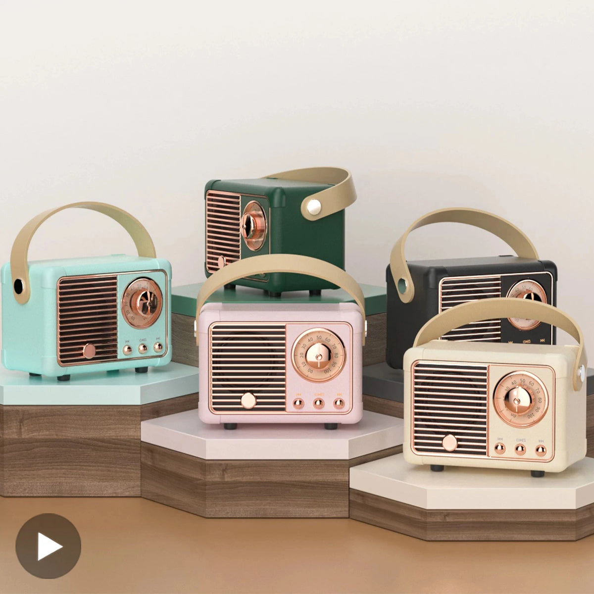 Retro Bluetooth speaker with FM radio styling, vintage dials and portable handle, available in a choice of colours and designs.
