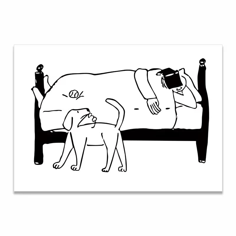 A minimalist black and white line art print depicting a person sleeping on a bed while a dog barks at them, presented as a square print on a white background.