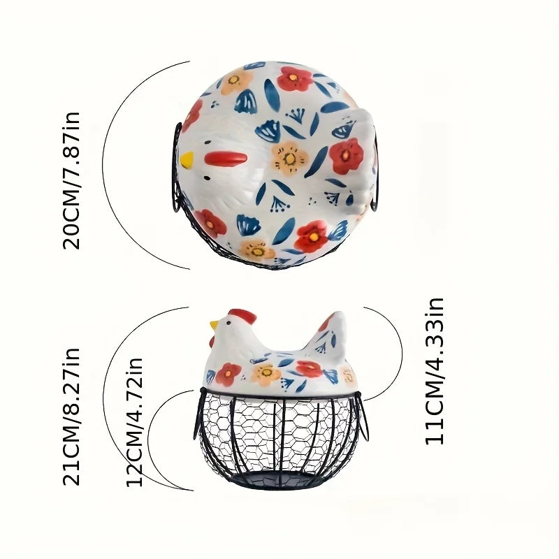 Decorative chicken-shaped basket with floral design and measurements on a white background