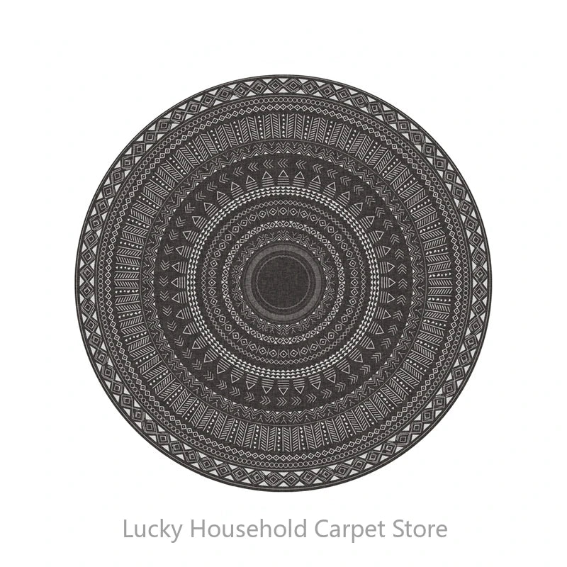 Round black and white patterned rug on a white background with 'Lucky Household Carpet Store' text.