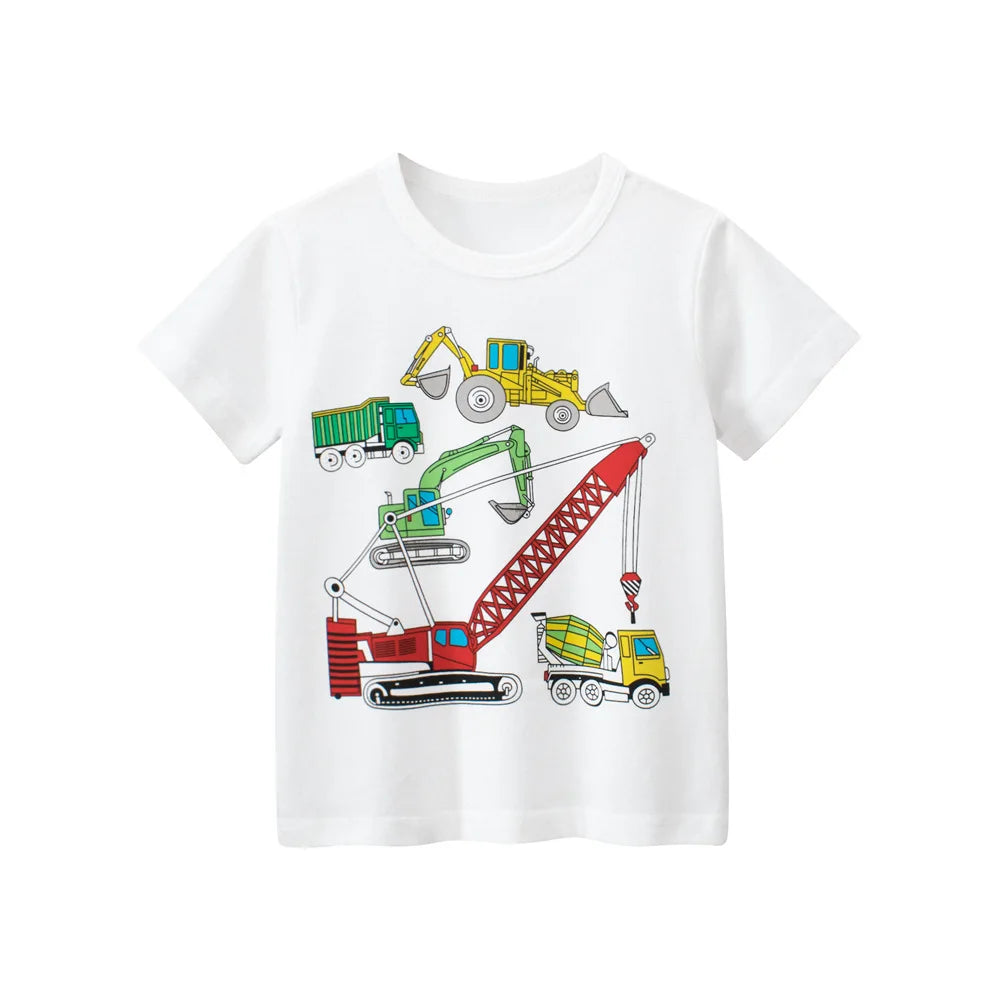 White t-shirt with colorful construction vehicle graphics on a white background