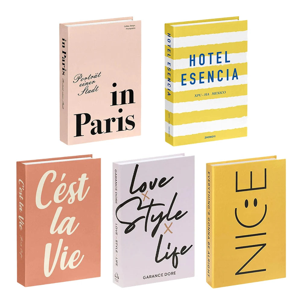 Five decorative books with different designs and text on a white background
