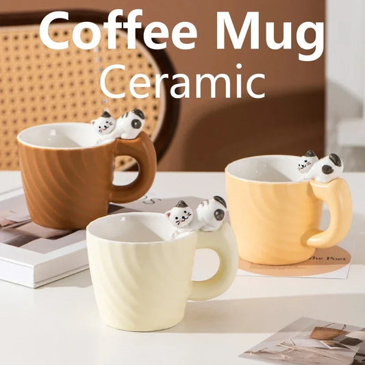 Cute cartoon cat ceramic mug with handgrip and glossy porcelain finish.