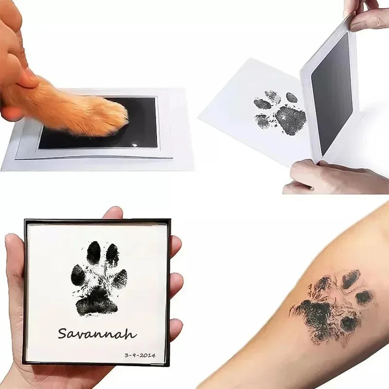 Collage of a paw print kit being used on a paw, with prints on paper and temporary tattoo.