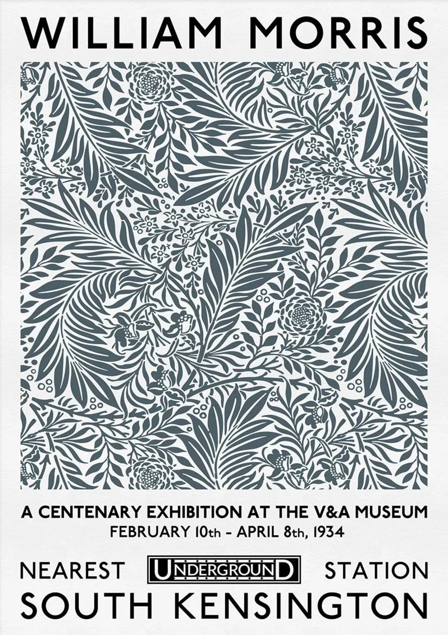Poster for a centenary exhibition at the V&A Museum featuring William Morris's floral pattern.