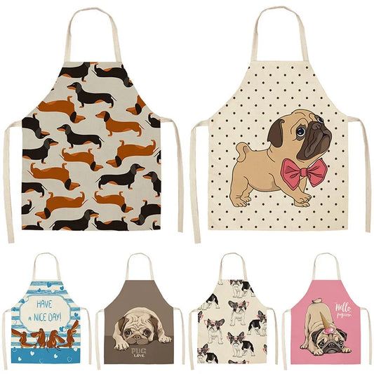 Dog print cotton linen kitchen aprons with cartoon bulldog, dachshund and pug designs