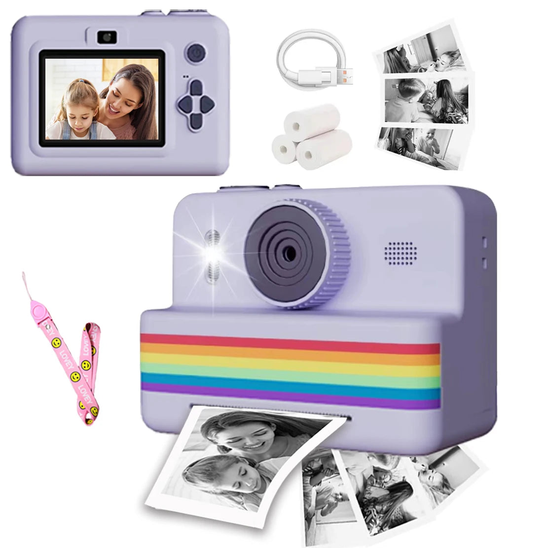 Purple instant camera with rainbow design, photos, and accessories on a white background