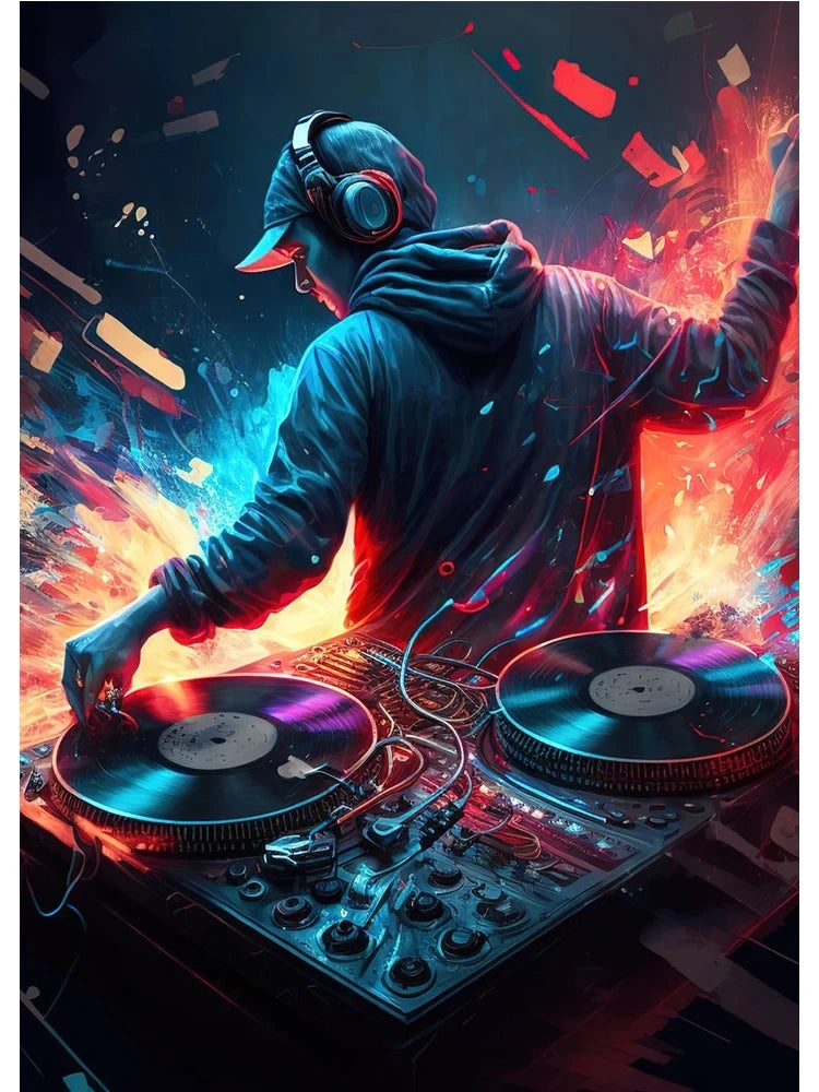 Dj playing music with colorful lights and abstract design