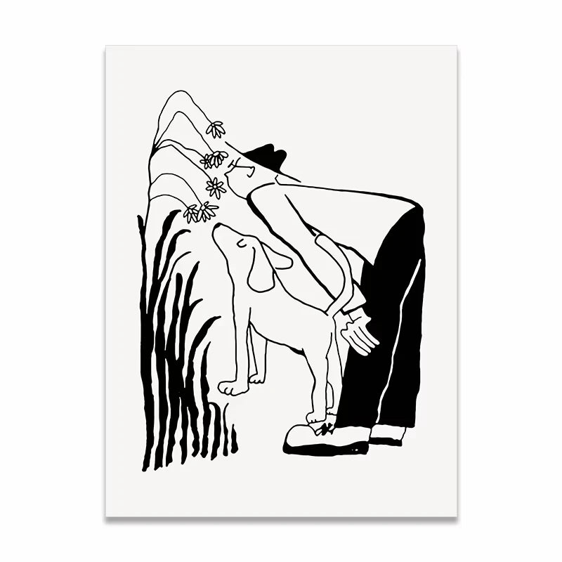 A minimalist black and white line art print depicting a woman in a hat bending down to look at a dog near stylized grass, shown as a vertical poster against a light gray background.