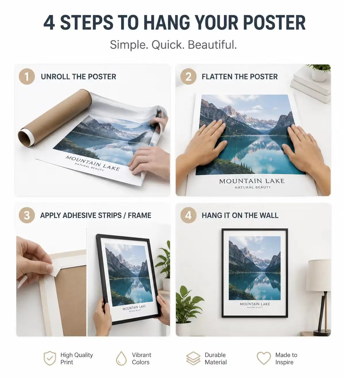 Step-by-step guide on how to hang a poster with mountain lake design.