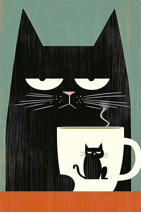 Illustration of a black cat with a white mug featuring a black cat silhouette on a teal background.
