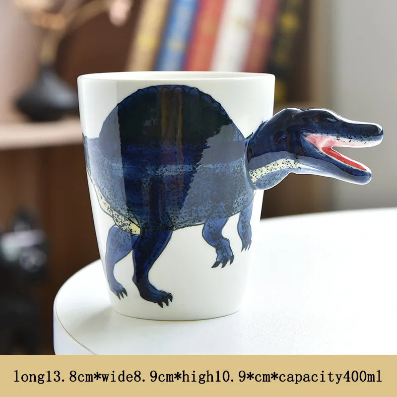 Dinosaur-shaped mug on a blurred background