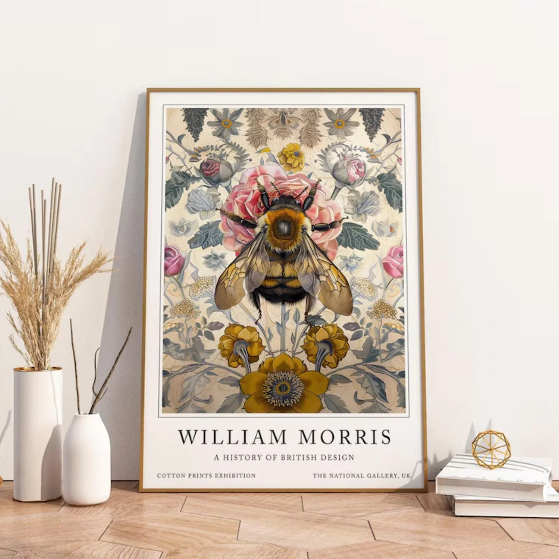 Framed artwork of a bee and flowers with 'William Morris' text on a wall.