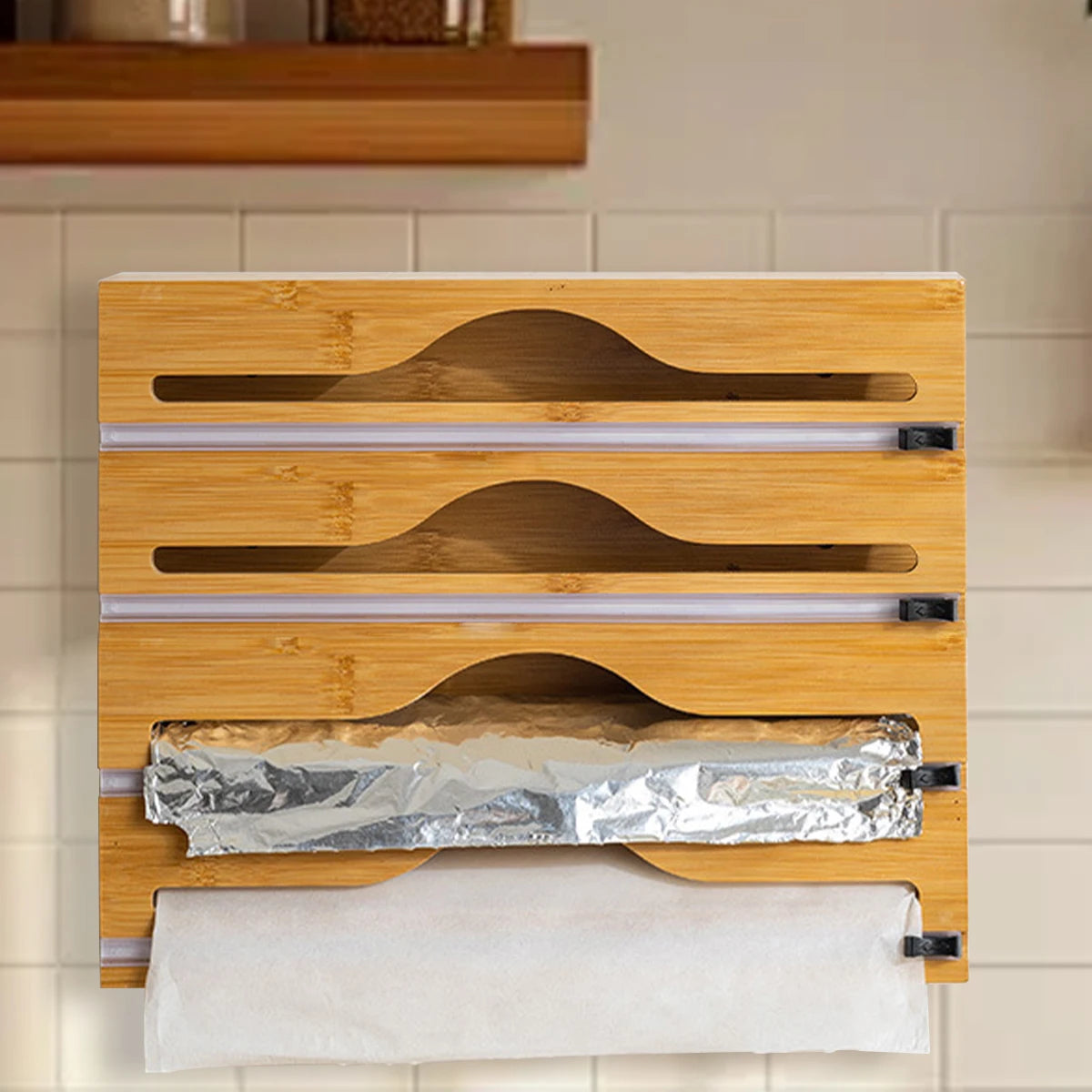 Bamboo kitchen wrap dispenser with integrated foil and cling film cutter