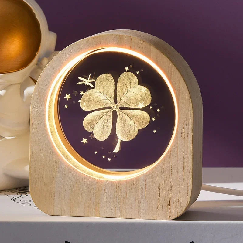 Wooden night light with a four-leaf clover design on a purple background