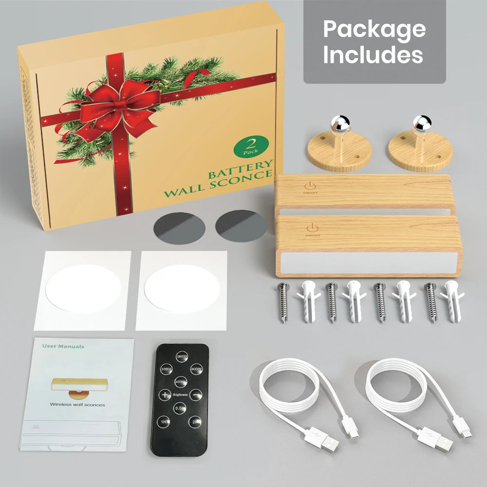 Battery wall sconce package with components on a gray background