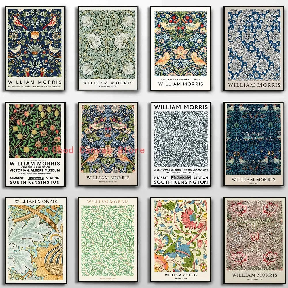 Collection of William Morris posters with various designs.
