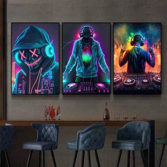 Three colorful neon posters of a hooded figure, DJ, and abstract design on a wall.