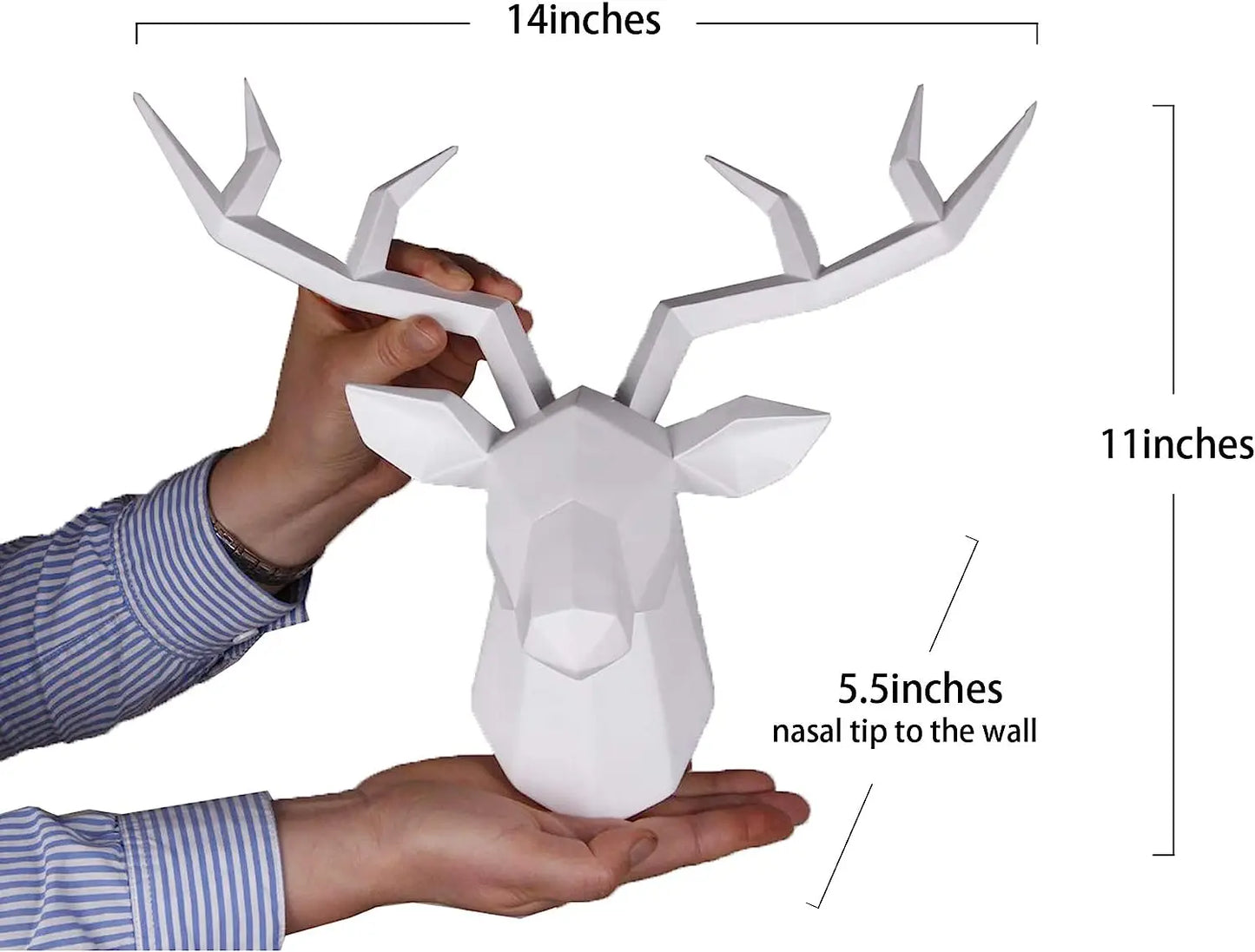 White deer head sculpture held by a person with measurements indicated