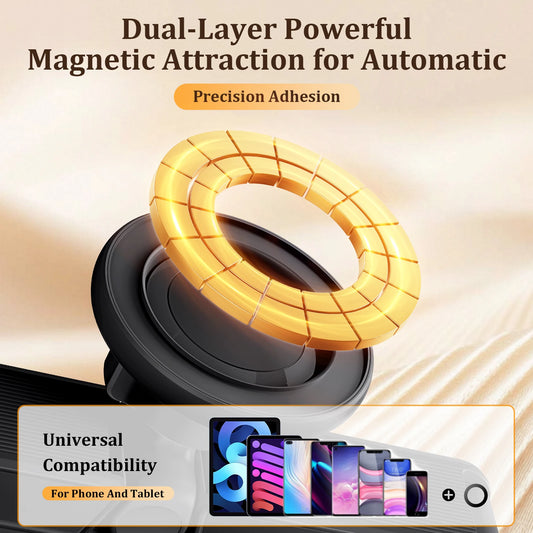 Gold magnetic ring with text about dual-layer magnetic attraction on a beige background