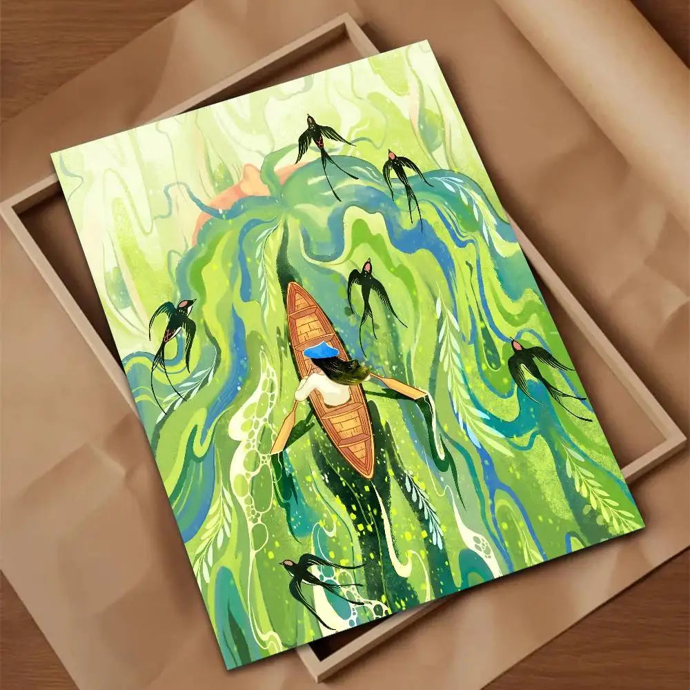 Colorful painting of a woman in a boat with birds on a green and blue abstract background