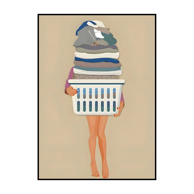 Illustration of a person holding a laundry basket filled with clothes on a beige background