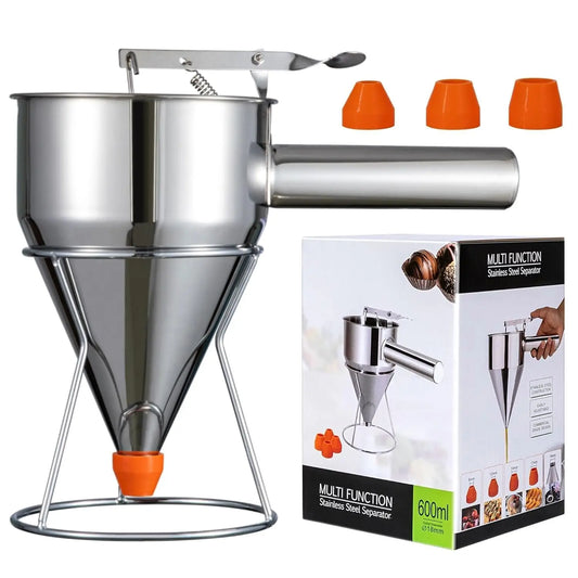 Stainless steel pancake batter dispenser with stand showing 600ml and 1200ml size options