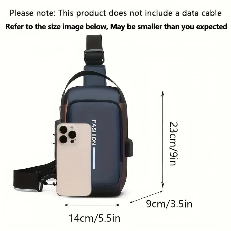 Black crossbody bag with smartphone holder and size measurements on a white background