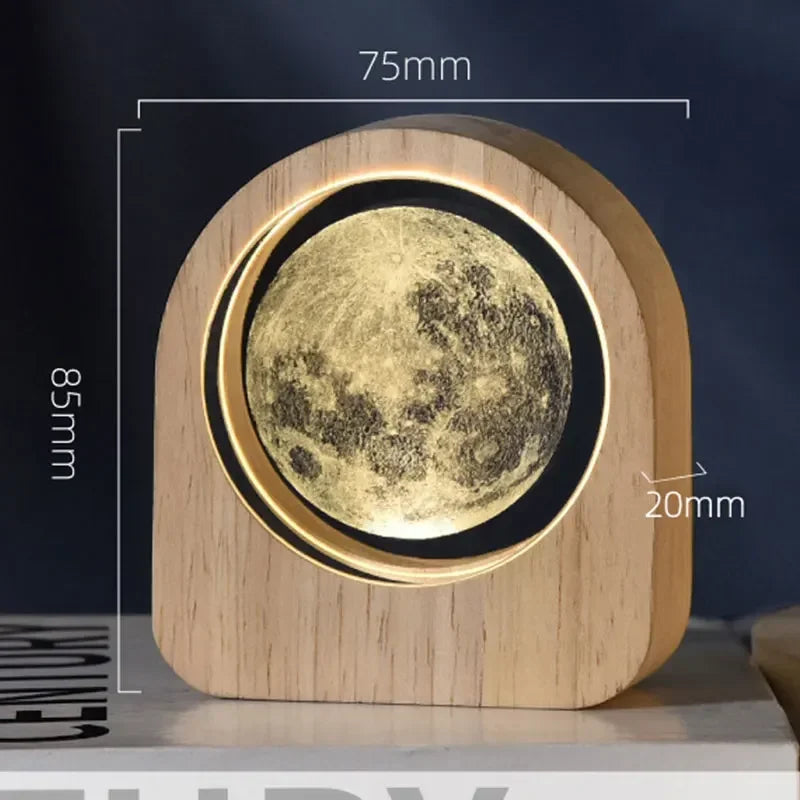 Moon lamp with wooden base and measurements on a dark background