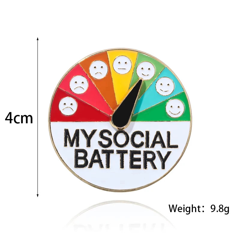Circular badge with smiley face battery indicator and 'My Social Battery' text, with dimensions and weight information.