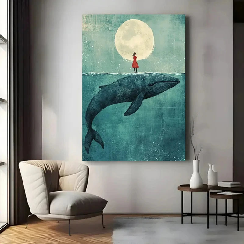 Framed artwork of a woman standing on a whale under a moonlit sky in a modern living room.