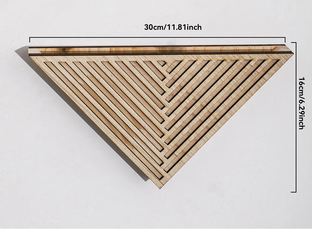 Triangular wooden decor planter with measurements on a white background