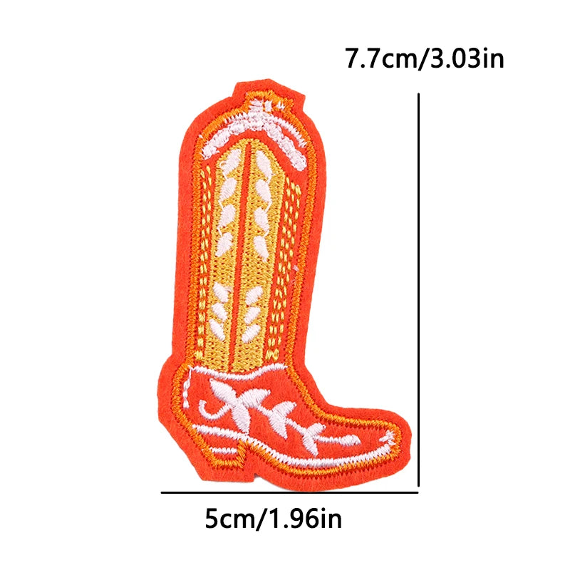 Embroidered cowboy boot patch with measurements on a white background