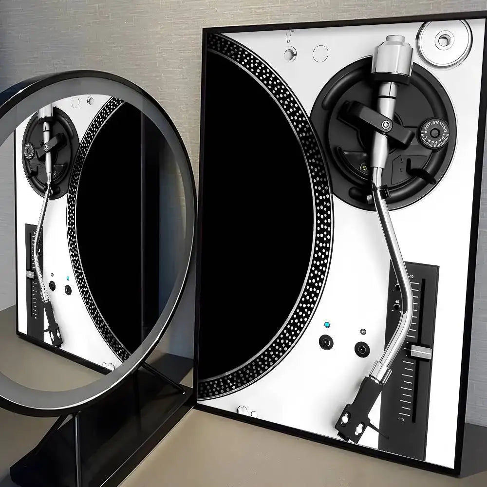 Close-up of a turntable with a focus on the platter and tonearm.