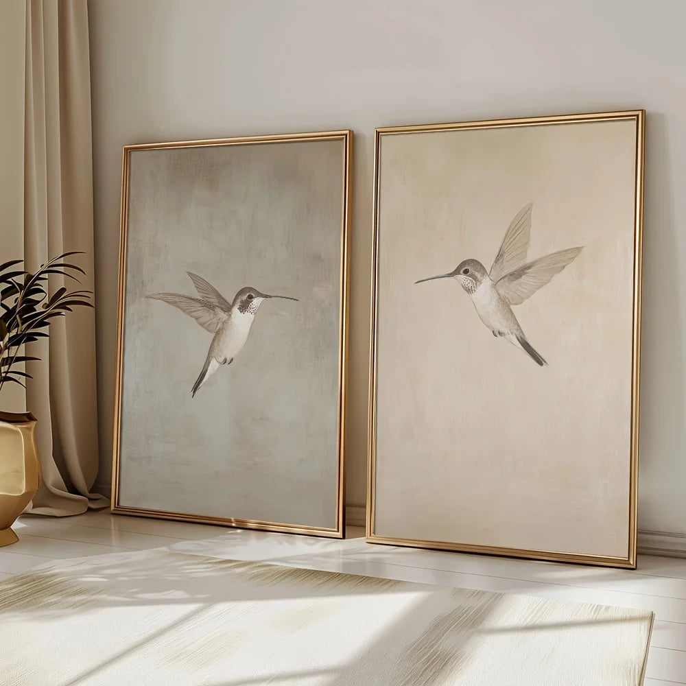 Hummingbird canvas wall art set featuring two vintage style bird prints in minimalist neutral design