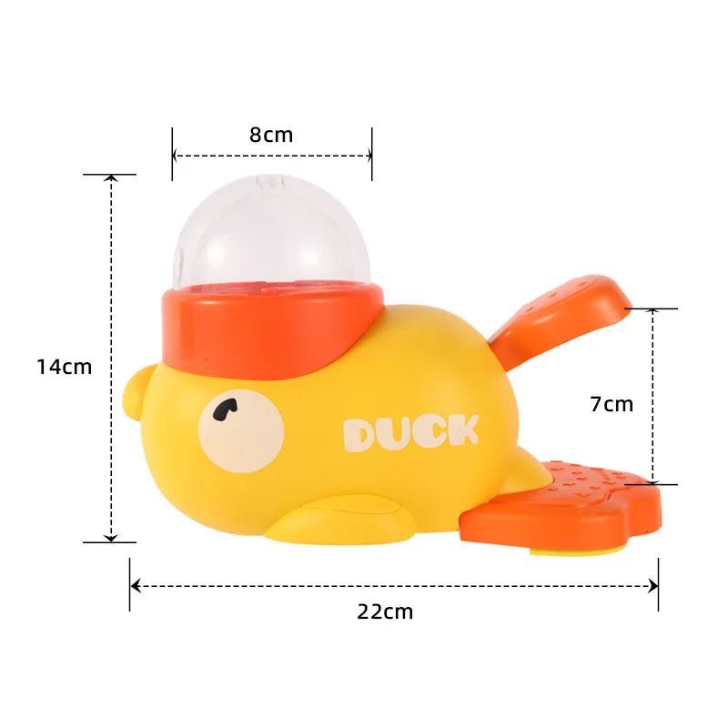 Yellow duck toy with dimensions labeled on a white background