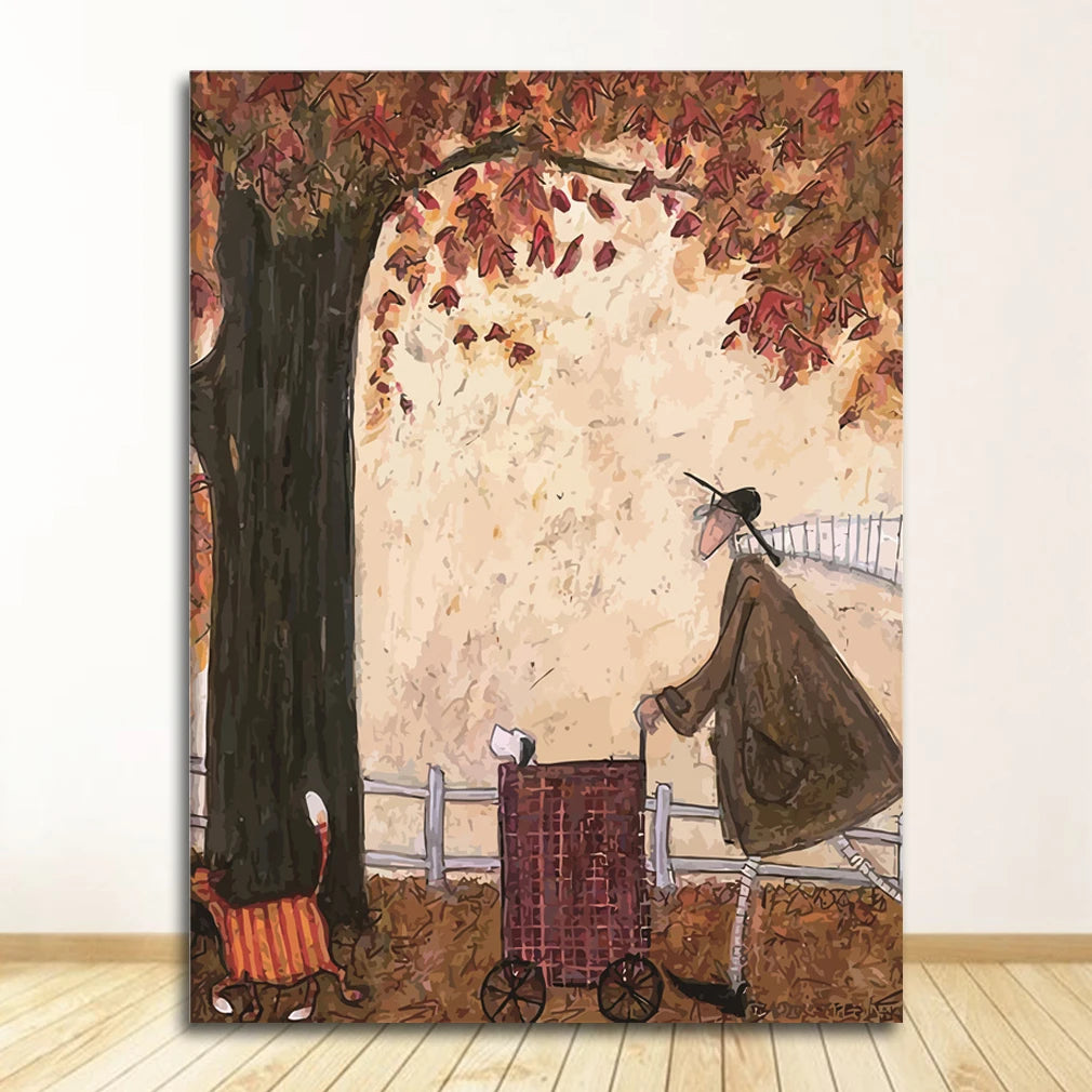 Artistic depiction of a person with a dog and a cart under an autumn tree.