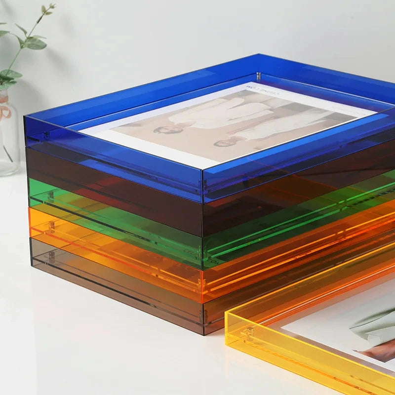 Colorful transparent acrylic photo frame on a white background