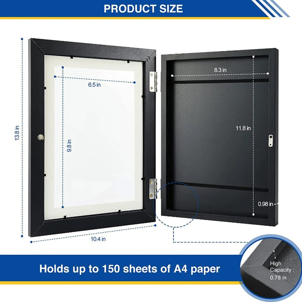 Black paper holder with dimensions labeled, holding up to 150 sheets of A4 paper.