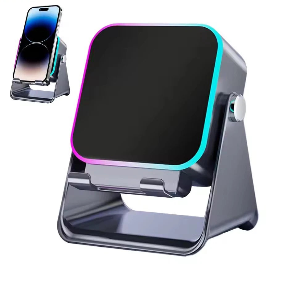 Multi-device charging stand with smartphone, smartwatch, and phone case on a white background