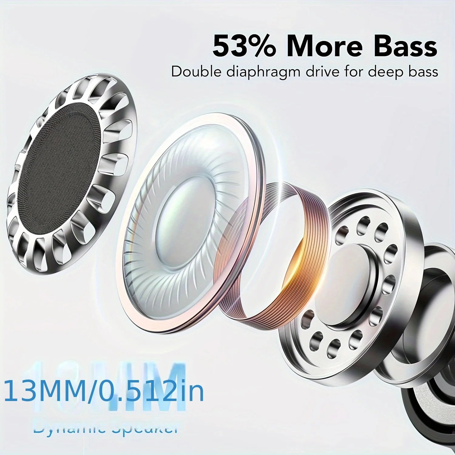 Speaker driver with text highlighting bass improvement and dimensions on a light gray background