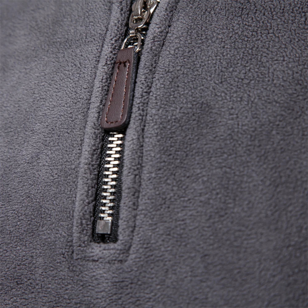 Close-up of a gray fleece jacket with a zipper detail