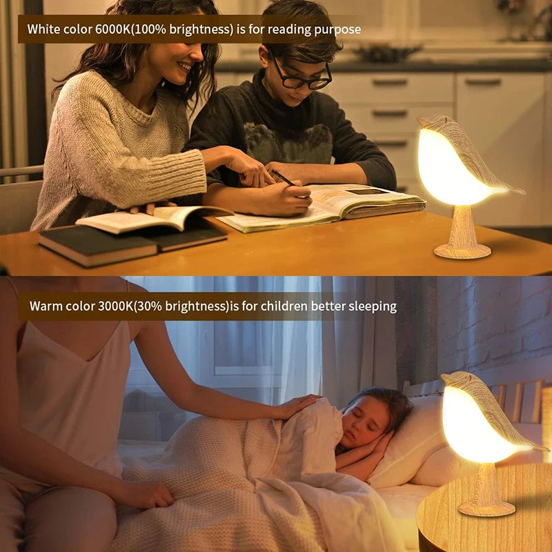 Two people studying at a table with a lamp and text about color temperatures for reading and sleep.