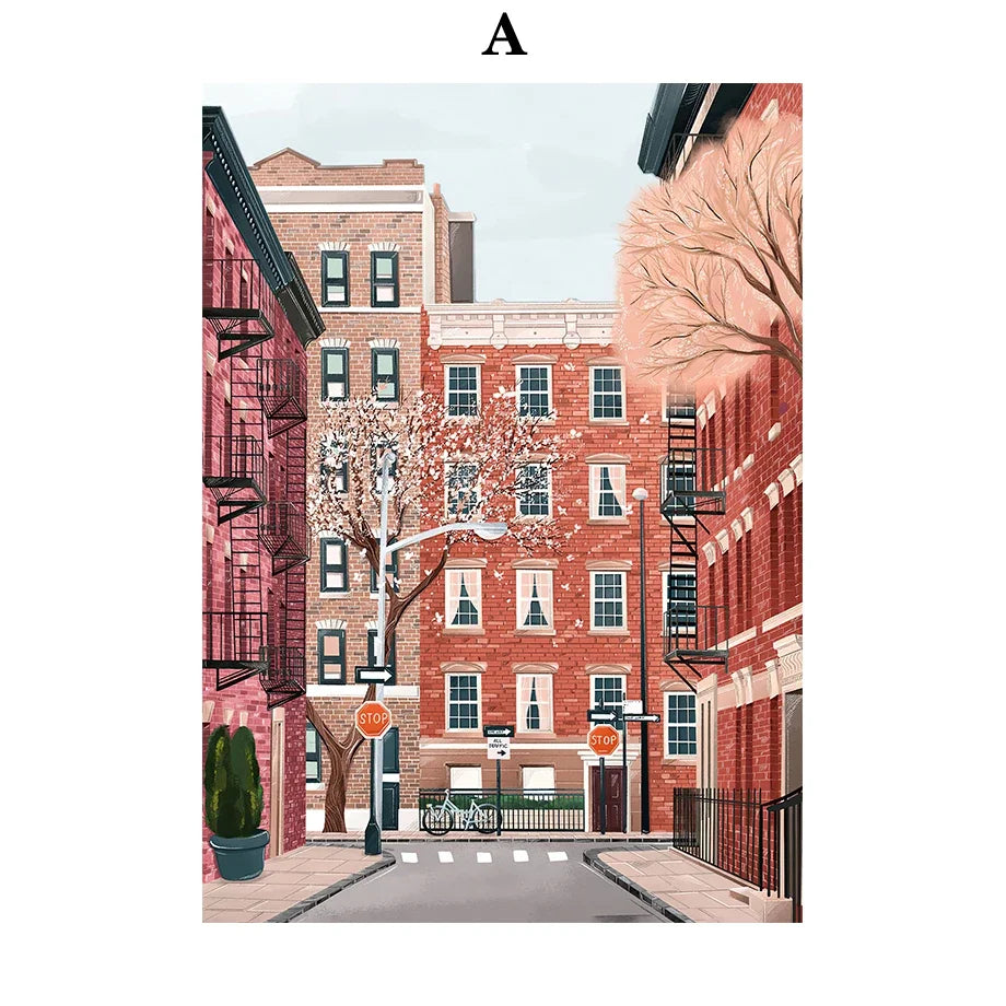 Illustration of a street scene with brick buildings and a tree.