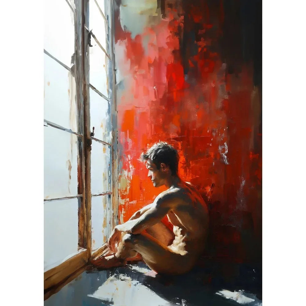 Man sitting by a window with a red wall in the background