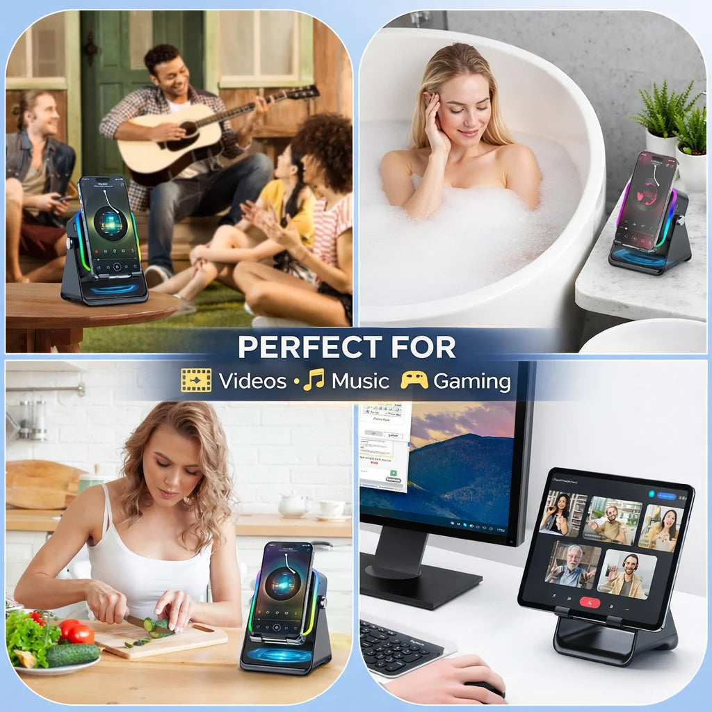 Collage of a phone on a stand in various settings with text 'Perfect for Videos, Music, Gaming'.