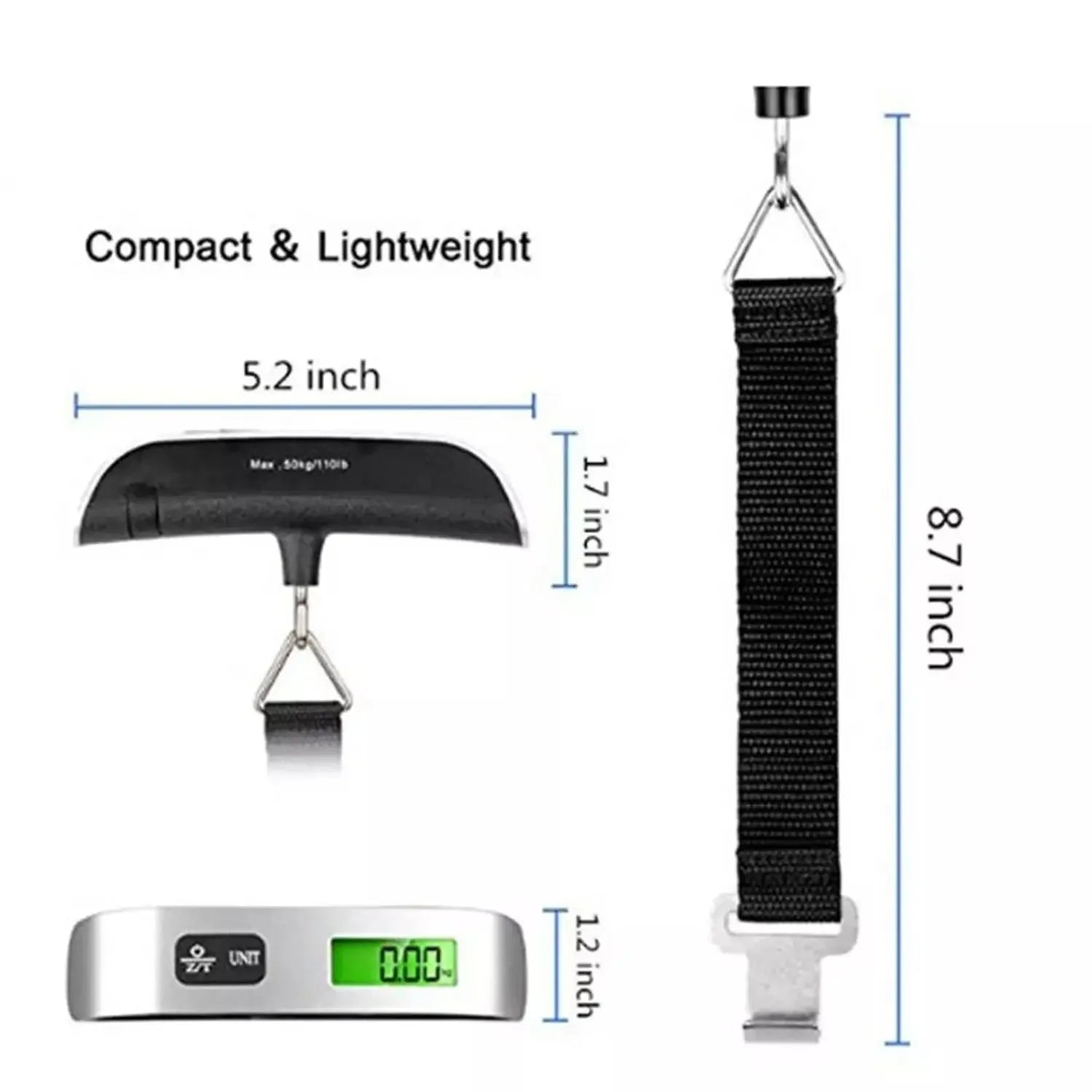 Luggage scale with dimensions and features highlighted on a white background