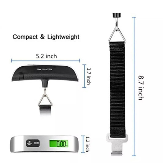 Luggage scale with dimensions and features highlighted on a white background