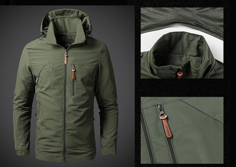 Green jacket with a hood and zipper details on a dark background