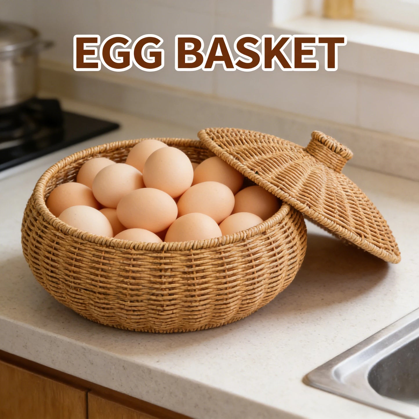 Wicker egg basket with a lid on a kitchen counter, containing eggs.